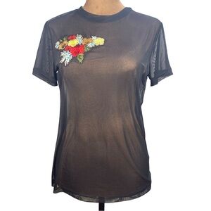 Timing Sheer Black Tee with Floral Embroidery